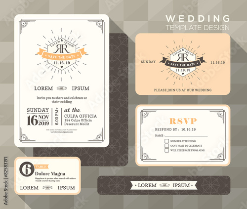 Vintage wedding invitation set design Template place card respon