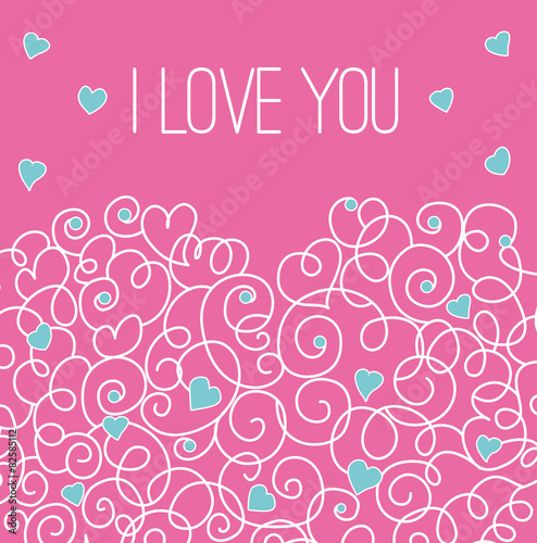 Pink greeting card with floral heart shape. I love You sign