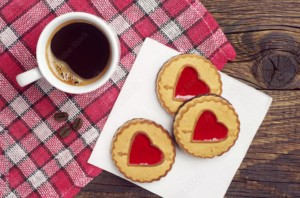 Cookies with jujube in shape of hearts and coffee Cookies with jujube in shape of hearts and coffee