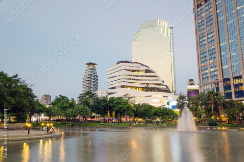 Photography Benjasiri Park with many modern condominiums and business buildi