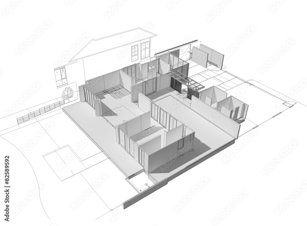 3d illustration of building design concept, architects computer generated visualization in drawing style