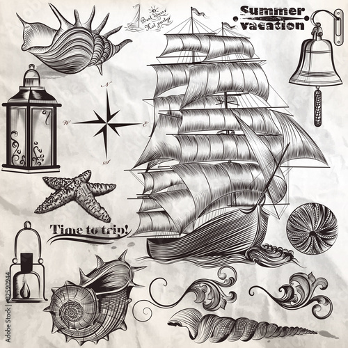 Collection of vector antique elements sea rest and summer vacati