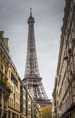 Street view with Eiffel Tower in the distance