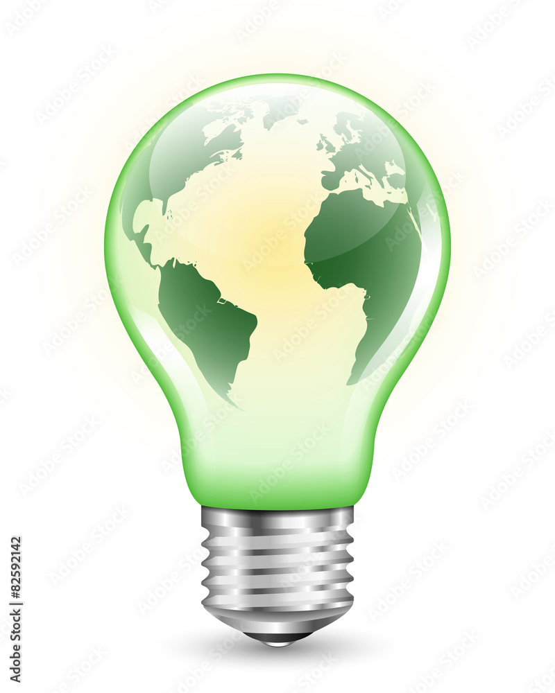 Green light bulb with Earth map inside it Green light bulb with Earth map inside it