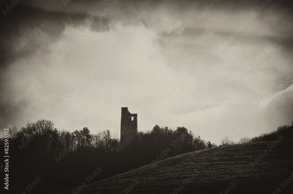 medieval fortress ruins in forest dark landscape medieval fortress ruins in forest dark landscape