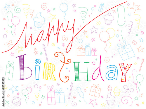 HAPPY BIRTHDAY doodle text with party symbols