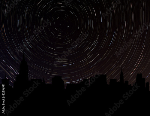 Manhattan skyline silhouette with star trails illustration