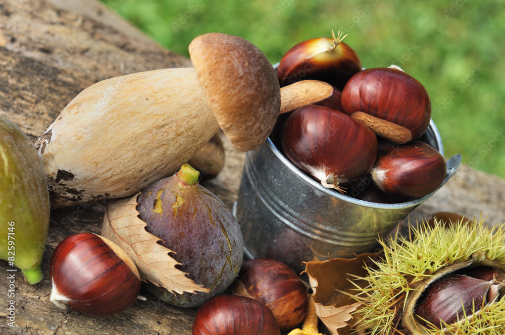 châtaignes, champignons, figues sur planche châtaignes, champignons, figues sur planche