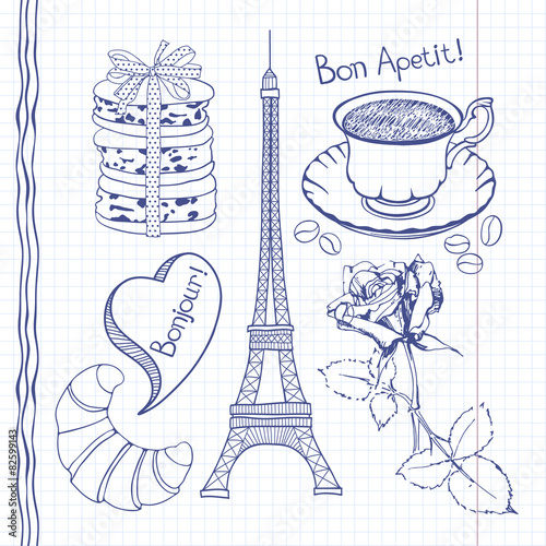 Set of hand drawn symbols of France,  doodles isolated.