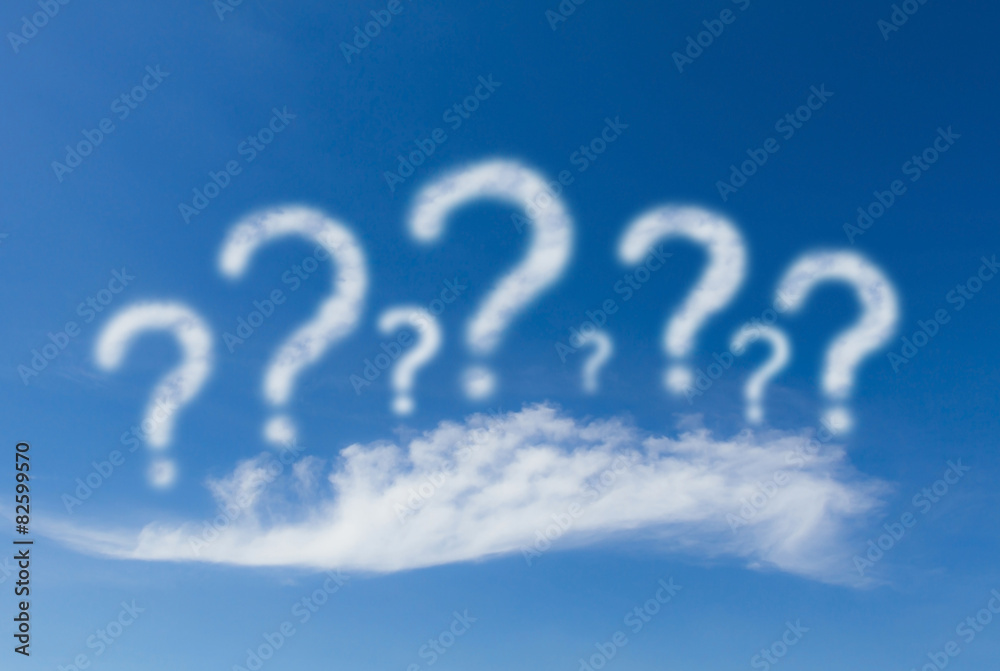 Problems, question mark cloud on blue sky