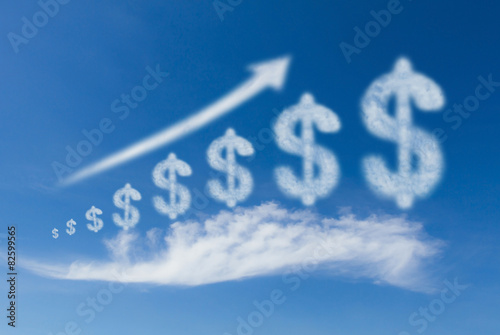 Growth business, cloud dollar sign grow up on blue sky