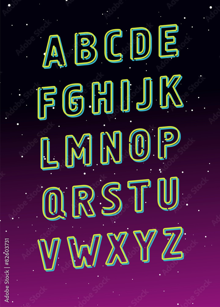 Neon tube glowing alphabet. Vector