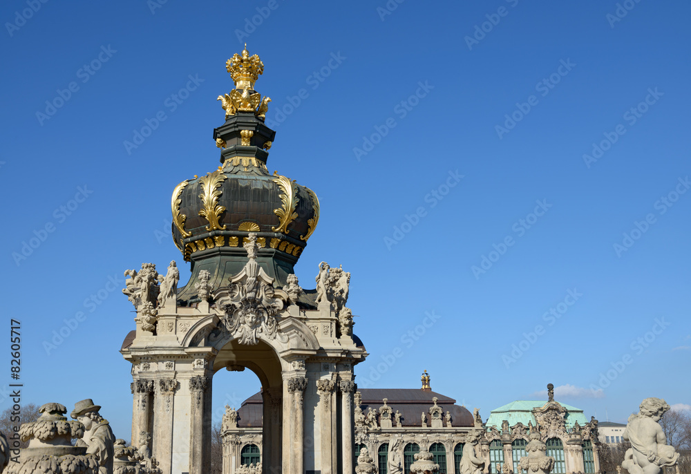 Top part of Crown Gate above terrace, Zwinger, Dresden, Germany.