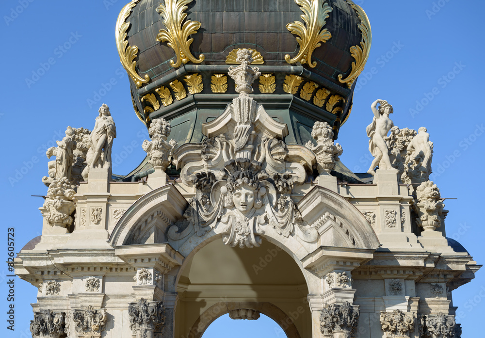 Top part of Crown Gate above terrace, Zwinger, Dresden, Germany.