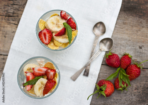 Dessert with strawberries.Cheese  strawberry  banana  cornflakes