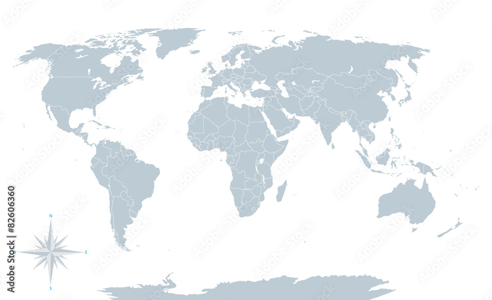 Political world map, grey, with white borders.