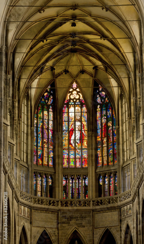 Stained glass windows of St. Vitus in Prague, Czech Republic.