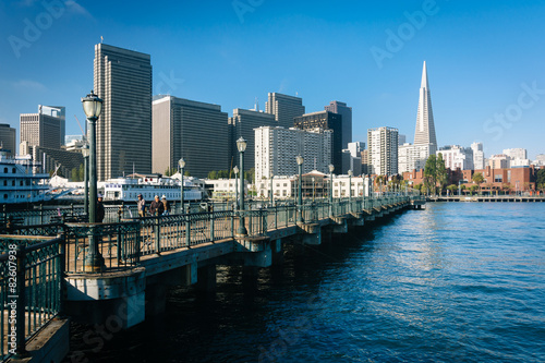 Pier 7 and view of the skyline  at the Embarcadero in San Franci
