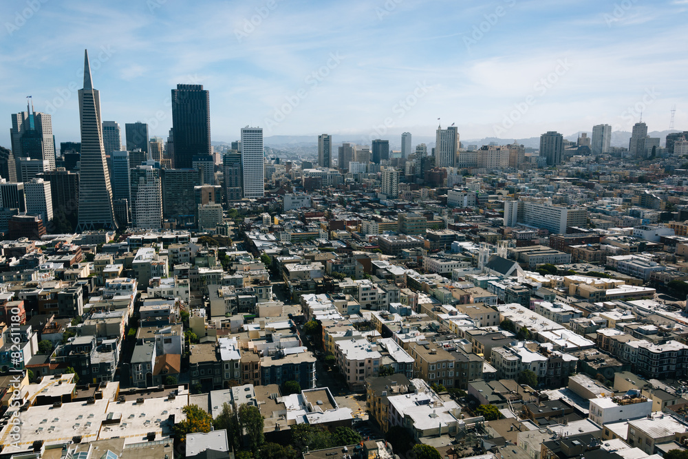 View of the downtown skyline from Coit Tower in San Francisco, C