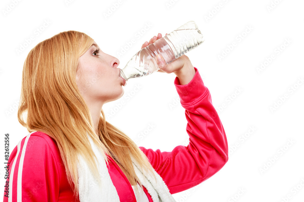 sporty girl towel on shoulders drinking water sporty girl towel on shoulders drinking water
