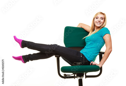 girl college student sitting on wheel chair relaxing.