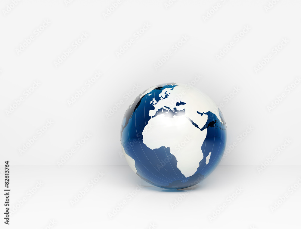 Fototapeta premium Blue glass world globe with copy space background wall