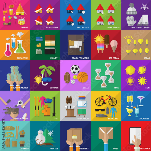 Flat Icons Set: Vector Illustration, Graphic Design. Collection Of Colorful Icons. For Web, Websites, Print, Presentation Templates, Mobile Applications And Promotional Materials