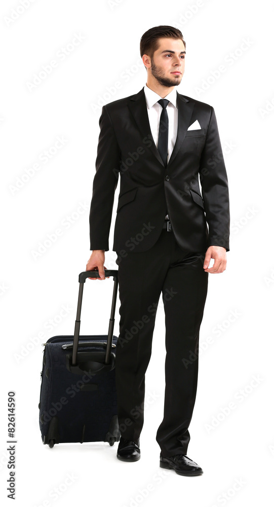 Elegant man in suit with suitcase isolated on white Elegant man in suit with suitcase isolated on white