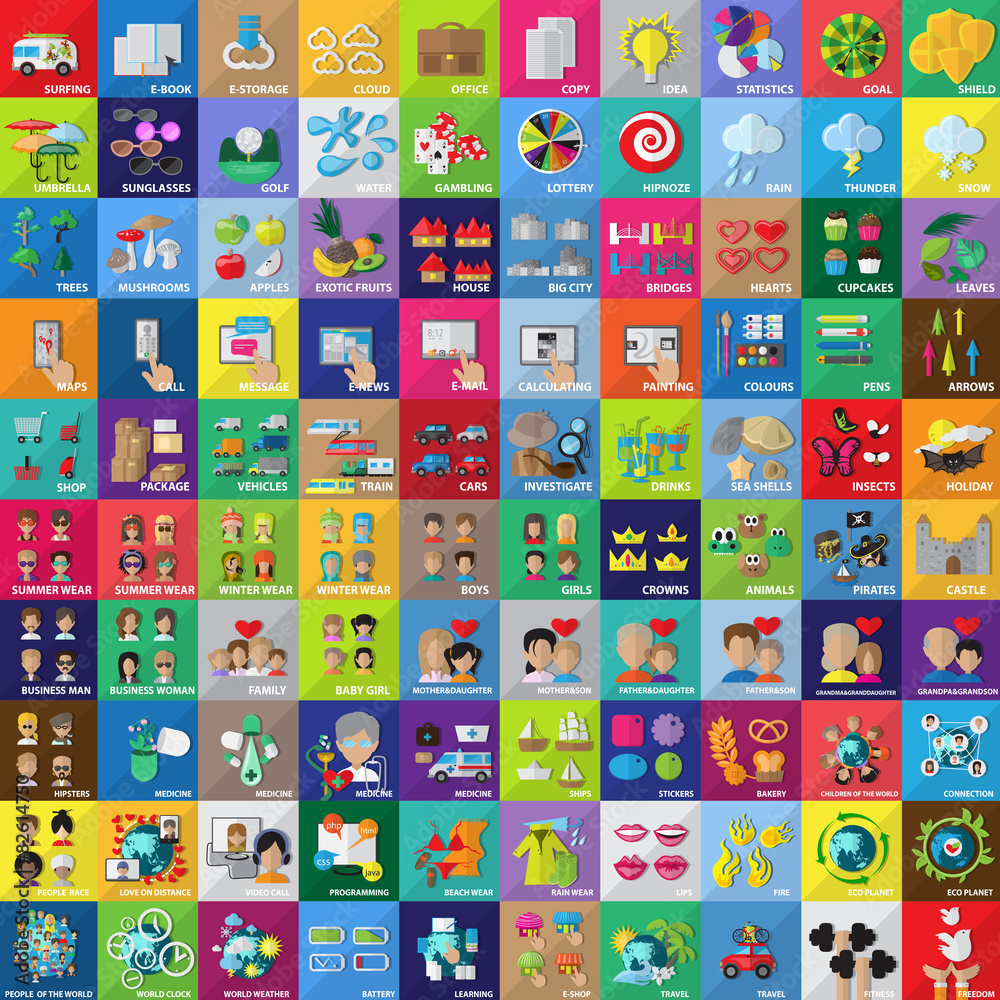 Flat Icons Set: Vector Illustration, Graphic Design. Collection Of Colorful Icons. For Web, Websites, Print, Presentation Templates, Mobile Applications And Promotional Materials Flat Icons Set: Vector Illustration, Graphic Design. Collection Of Colorful Icons. For Web, Websites, Print, Presentation Templates, Mobile Applications And Promotional Materials