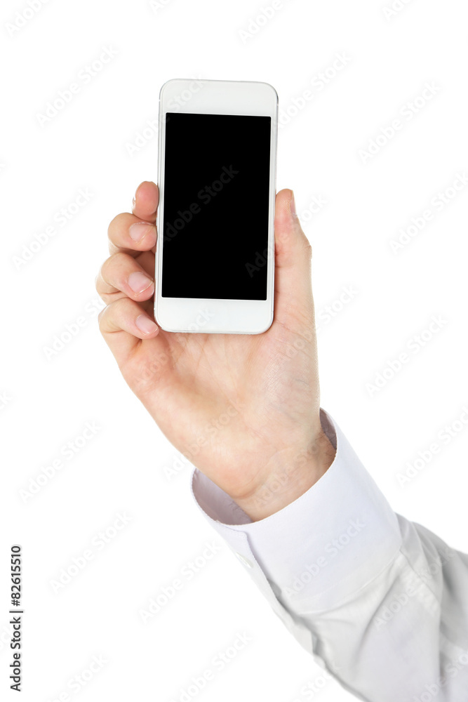 Hand holding mobile smart phone isolated on white Hand holding mobile smart phone isolated on white