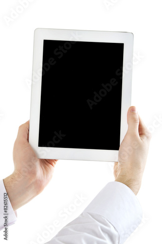Male hands holding digital tablet isolated on white