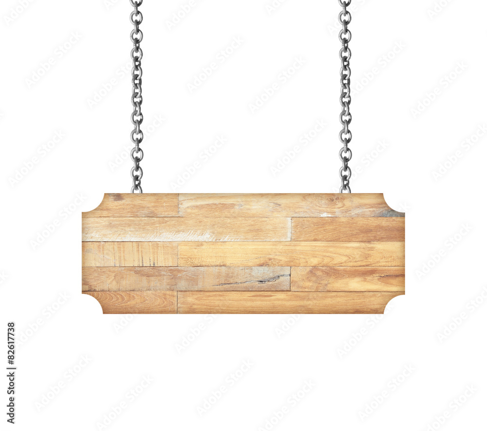 Wooden sign hanging on a chain isolated on white Wooden sign hanging on a chain isolated on white
