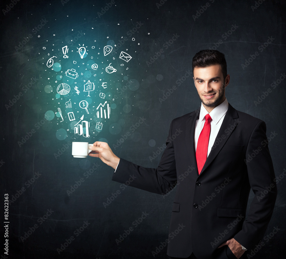 Businessman holding a white cup with business icons Businessman holding a white cup with business icons