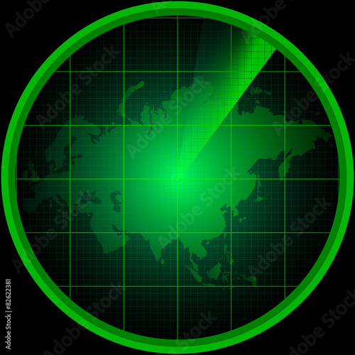 Radar screen with a silhouette of Eurasia