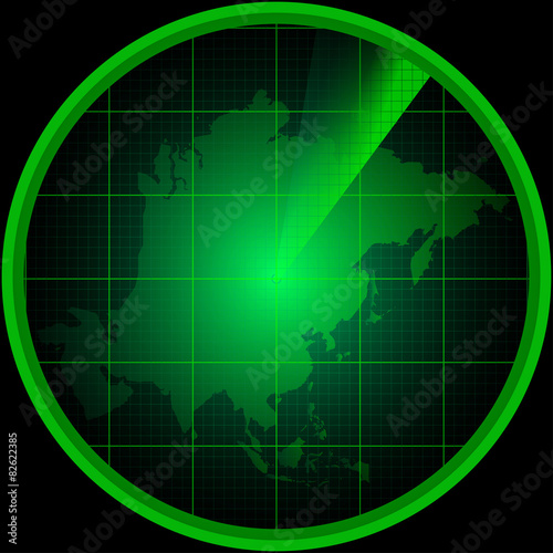 Radar screen with a silhouette of Asia