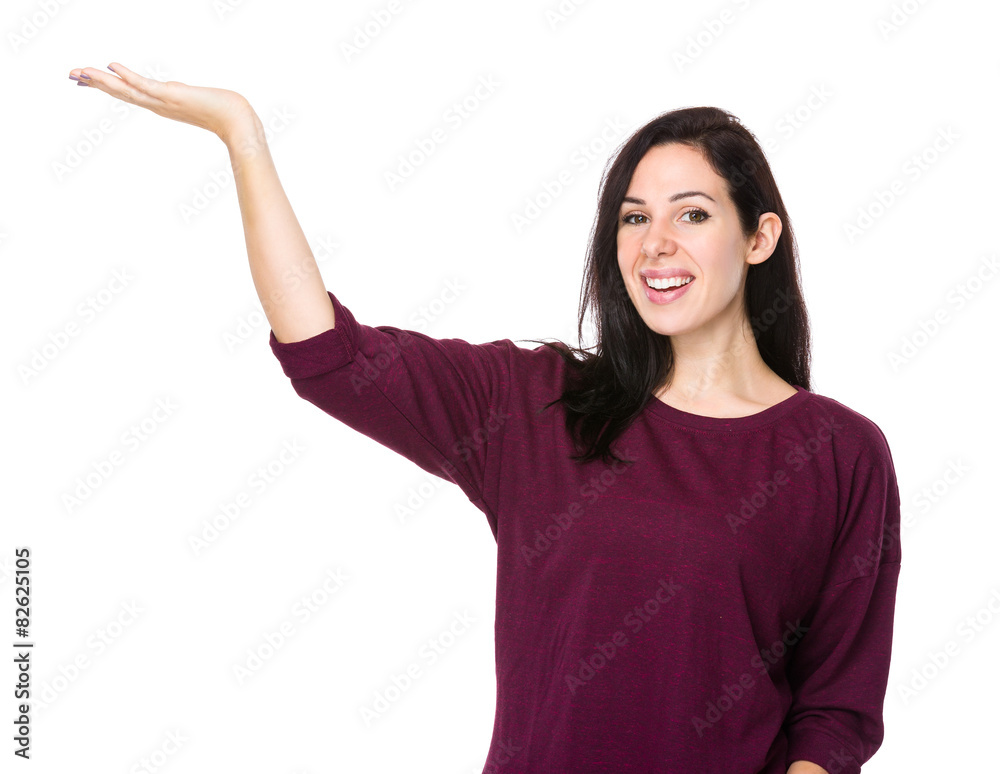 Caucasian woman with hand show with blank space Caucasian woman with hand show with blank space