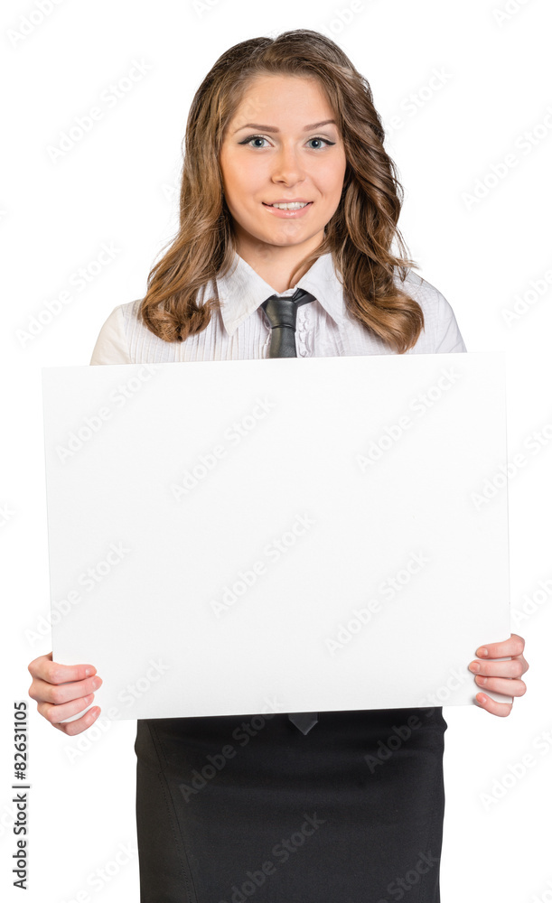 Young business woman holding blank poster. Young business woman holding blank poster.