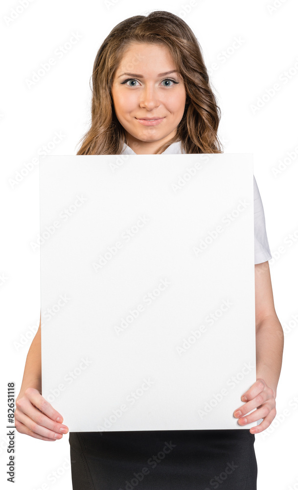 Fototapeta premium Business woman holding blank poster.