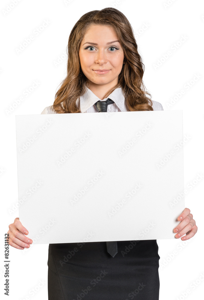 Business woman holding blank poster. Business woman holding blank poster.
