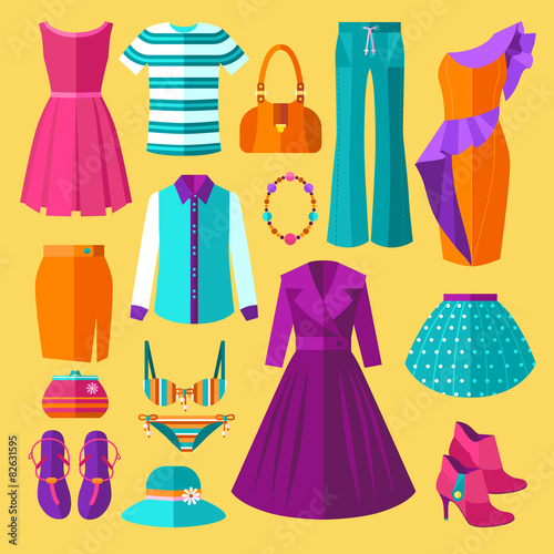 Women Clothes Icons Flat Set With Dress and Accessories