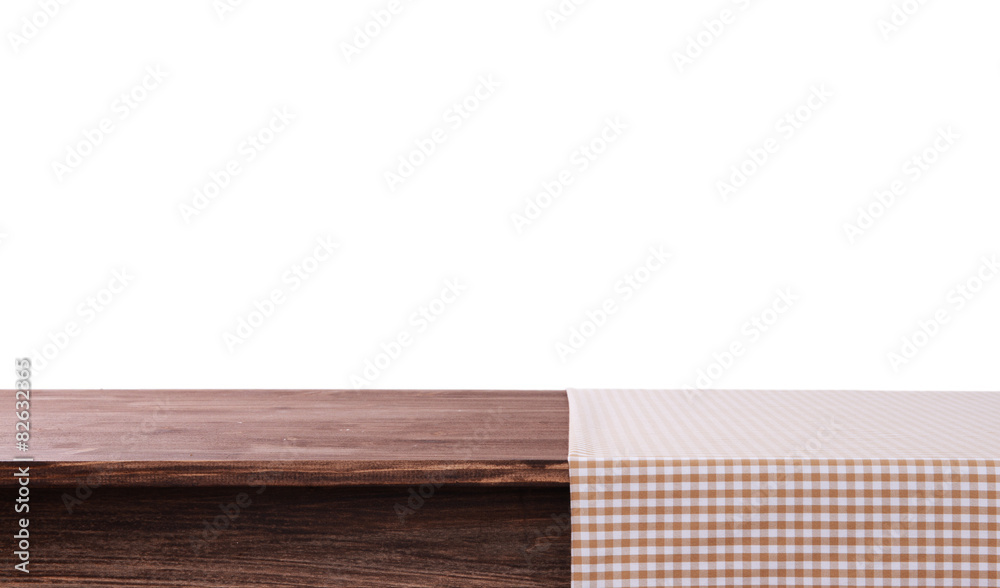 Empty wooden table with napkin and white background Empty wooden table with napkin and white background