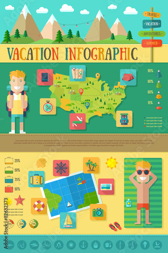 Vacation Flat Infographic with Travel Icons Set