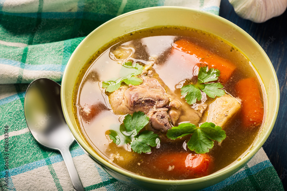 Chicken broth with noodles and carrot Chicken broth with noodles and carrot