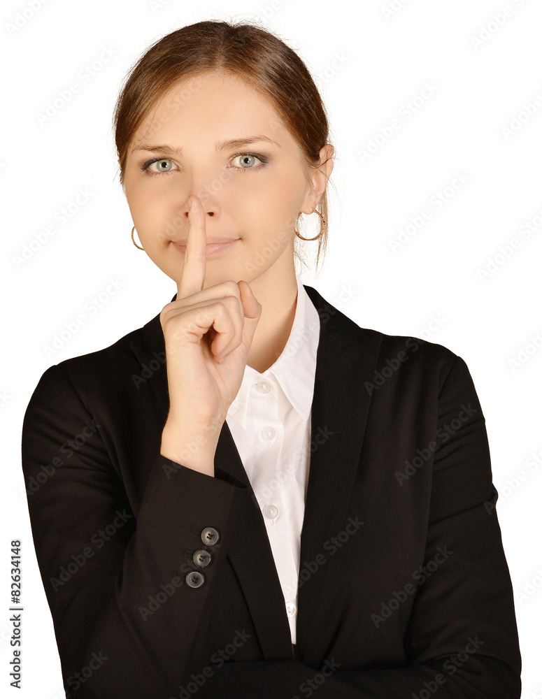 Business woman is having put index finger to his lips. white Business woman is having put index finger to his lips. white