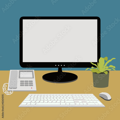 computer, telephone on working desk, vector
