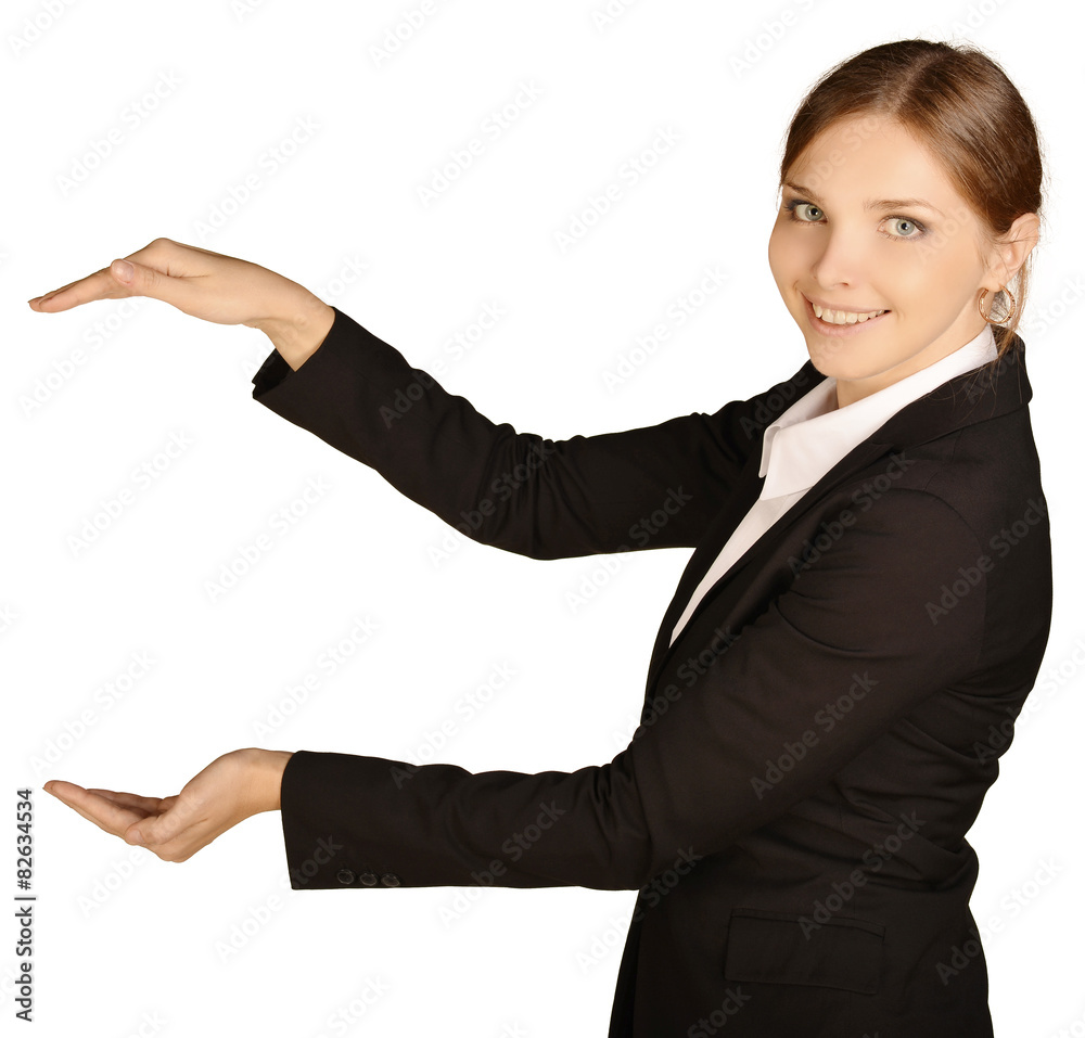 Business woman shows her hands blank space. On a white Business woman shows her hands blank space. On a white