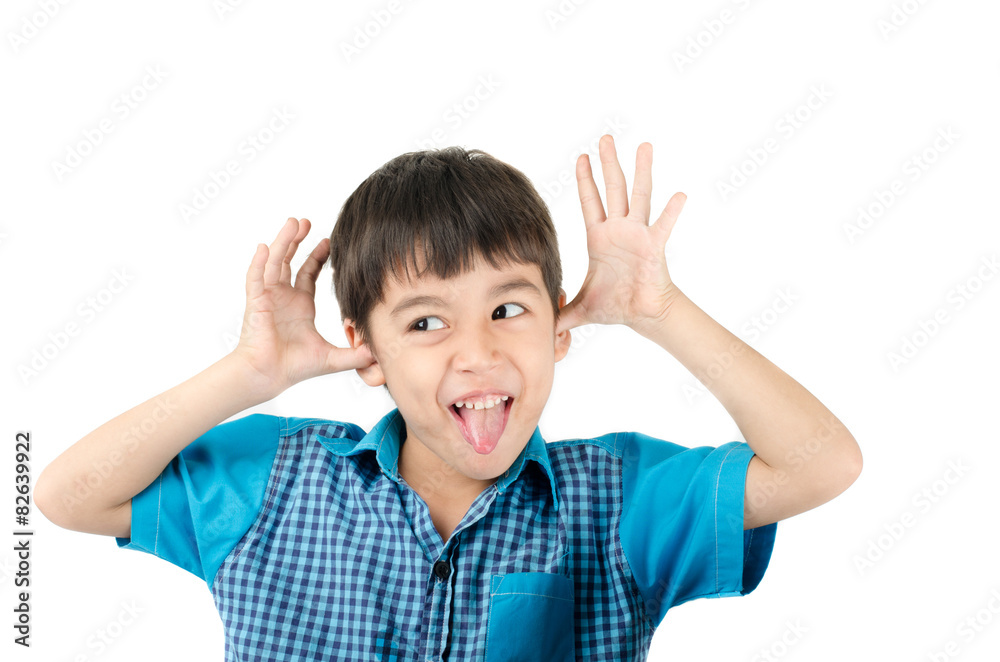 Little boy with funny face tongue outside on white background Little boy with funny face tongue outside on white background