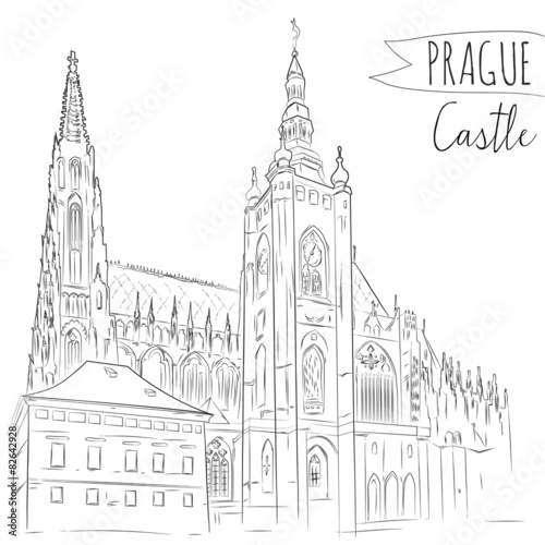 Hand drawn illustration of Prague Castle, Czech Republic. 