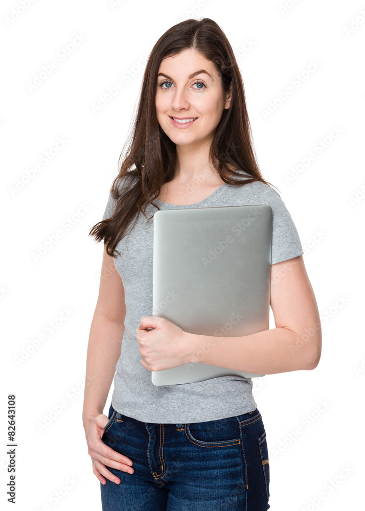 Caucasian woman hold with laptop computer Caucasian woman hold with laptop computer