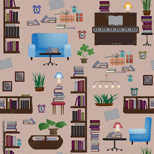 Seamless pattern with books and furniture